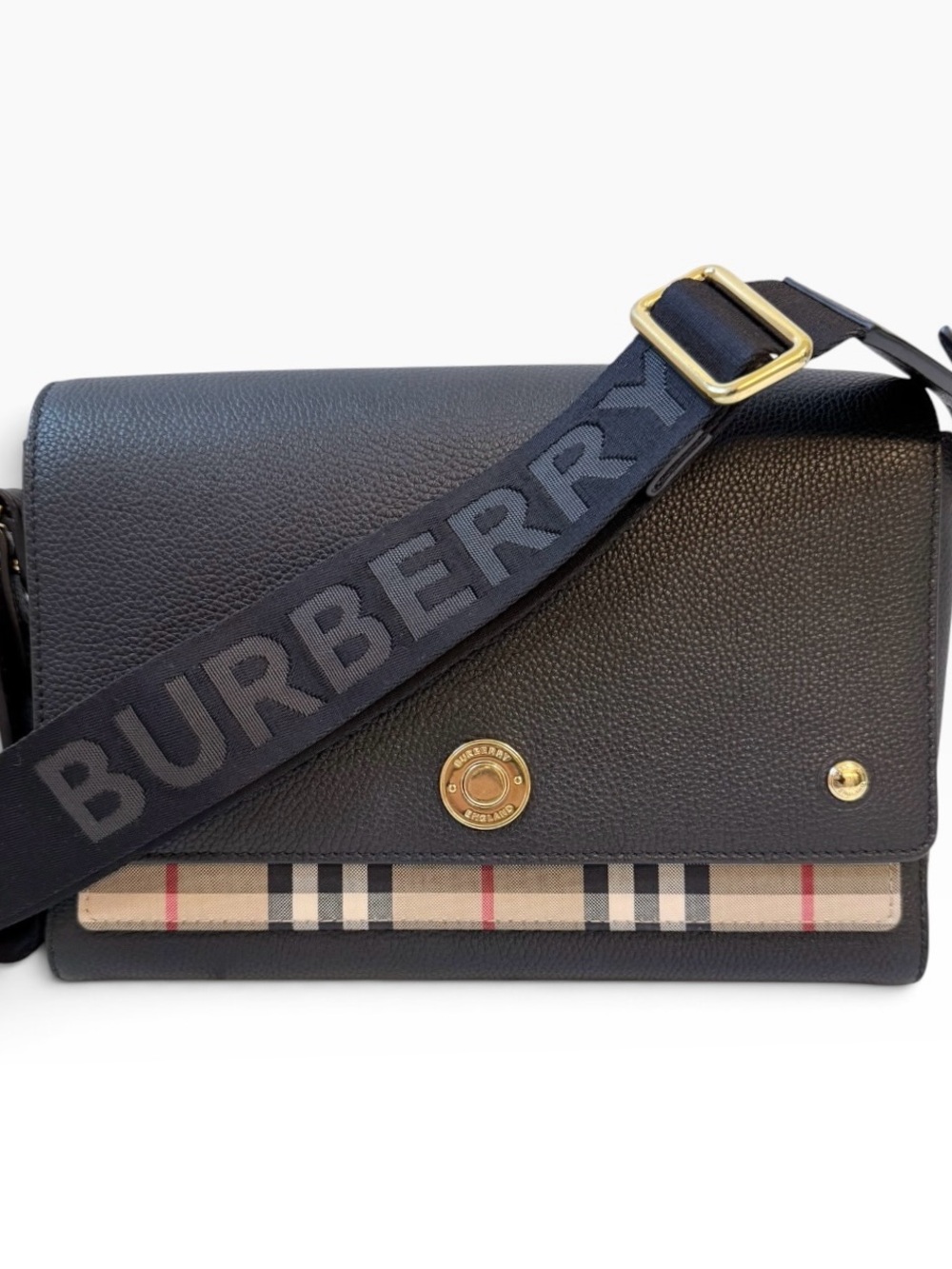 Burberry Note Bag Calf Leather Logo Strap Black Tan Check
